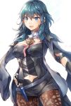  1girl armor armored_dress belt black_legwear blue_eyes blue_hair breasts byleth_(fire_emblem) byleth_(fire_emblem)_(female) dagger detached_collar eyebrows_visible_through_hair fire_emblem fire_emblem:_three_houses hand_on_hip highres jacket jacket_on_shoulders large_breasts long_hair looking_at_viewer midriff navel open_mouth pantyhose samoore short_shorts shorts simple_background smile solo vambraces weapon white_background 