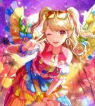  1girl ;d aikatsu!_(series) aikatsu_on_parade! bare_shoulders blonde_hair blush clothes_around_waist commentary_request detached_sleeves eyewear_on_head hand_up leaning_forward looking_at_viewer matsurika_youko multicolored multicolored_clothes natsuki_mikuru one_eye_closed open_mouth palm_tree puffy_short_sleeves puffy_sleeves red_vest short_sleeves smile solo sparkle sunglasses sunset tree two_side_up upper_teeth v vest white_sleeves yellow-framed_eyewear 