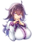  1girl blouse blush bow breasts eyebrows_visible_through_hair hair_ornament huge_breasts long_sleeves looking_at_viewer neck_ribbon open_mouth original purple_eyes purple_hair ribbon sidelocks simple_background solo white_background white_blouse yamaarashi 
