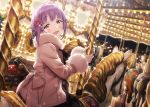  1girl blurry blurry_background bow brown_eyes carousel commentary_request dutch_angle fur-trimmed_jacket fur-trimmed_sleeves fur_collar fur_trim hair_bow hair_ornament hairclip head_tilt idolmaster idolmaster_cinderella_girls jacket koshimizu_sachiko looking_at_viewer night purple_hair short_hair solo sonsoso 