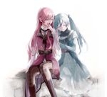  2girls aqua_dress aqua_hair argyle argyle_legwear black_neckwear boots capelet closed_eyes commentary dress feet_out_of_frame hand_to_own_mouth hatsune_miku knee_boots lady-ichiko leaning_on_person long_hair long_sleeves megurine_luka multiple_girls necktie open_mouth pink_dress pink_hair sitting sleeveless sleeveless_dress smile straight_hair thighhighs twintails very_long_hair vocaloid white_background 