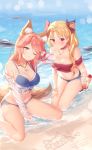  2girls animal_ears artist_name bangs bikini blonde_hair blush bracelet breasts choker cleavage day denim denim_shorts ereshkigal_(fate/grand_order) eyebrows_visible_through_hair fate/grand_order fate_(series) fox_ears fox_tail hair_ribbon highres jewelry kneeling large_breasts long_hair looking_at_viewer medium_breasts multiple_girls necklace off-shoulder_shirt off_shoulder outdoors parted_bangs pink_hair red_eyes ribbon rimuu shirt shorts sitting smile swimsuit tail tamamo_(fate)_(all) tamamo_no_mae_(fate) tied_shirt two_side_up wariza yellow_eyes 