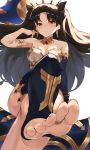  1girl armlet asymmetrical_legwear asymmetrical_sleeves bangs bare_shoulders black_bow black_hair blush bow breasts cleavage closed_mouth crossed_legs detached_collar detached_sleeves earrings fate/grand_order fate_(series) feet hair_bow heavenly_boat_maanna highres hoop_earrings ishtar_(fate)_(all) ishtar_(fate/grand_order) jewelry legs long_hair looking_at_viewer medium_breasts neck_ring parted_bangs pov_feet red_eyes seon_(seonon_) simple_background single_detached_sleeve single_thighhigh sitting smile soles solo thighhighs tiara toeless_legwear toes two_side_up weapon white_background white_bikini_top 