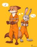  angry anthro barefoot chaptorcho clothed clothing disney duo fully_clothed fur green_eyes grey_body grey_fur handcuffed hi_res judy_hopps lagomorph leporid mammal musical_note nick_wilde prison_uniform purple_eyes rabbit simple_background standing thought_bubble yellow_background zootopia 