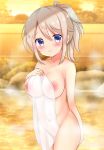  1girl aoyama_blue_mountain bangs blue_eyes blurry blurry_background blush breasts closed_mouth collarbone commentary_request covered_navel covering depth_of_field eyebrows_visible_through_hair fence gochuumon_wa_usagi_desu_ka? groin hair_between_eyes hand_up large_breasts nipples nude_cover onsen ponytail revision rikatan sidelocks smile solo steam towel water 
