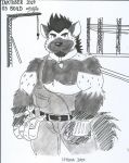  anthro builder clothed clothing construction fur hyaenid hyenajack inktober ligoni mammal musclegut muscular nipples overalls pecs simple_background solo tools 