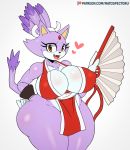  &lt;3 2020 alternate_version_at_source anthro big_breasts blaze_the_cat bodily_fluids breasts clothed clothing cosplay domestic_cat eyelashes fangs fatal_fury felid feline felis female folding_fan forehead_gem holding_object looking_at_viewer mai_shiranui mammal matospectoru open_mouth patreon purple_eyes simple_background snk solo sonic_the_hedgehog_(series) sweat sweatdrop text thick_thighs url white_background 
