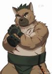  2020 anthro belly cai1448331577 canid canine canis cute_fangs domestic_dog hi_res humanoid_hands kemono male mammal scar simple_background slightly_chubby solo tokyo_afterschool_summoners video_games yasuyori 