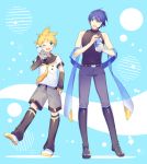  2boys belt black_collar black_footwear black_sleeves blonde_hair blue_background blue_eyes blue_hair blue_pants boots bottle collar detached_sleeves full_body grey_shorts headphones headset holding holding_bottle kagamine_len kagamine_len_(vocaloid4) kaito kaito_(vocaloid3) knee_boots leg_up leg_warmers looking_at_another male_focus multiple_boys nail_polish necktie one_eye_closed open_mouth pants pocari_sweat product_placement sailor_collar scarf school_uniform shirt short_ponytail short_sleeves shorts sinaooo sleeveless sleeveless_turtleneck smile spiked_hair standing thumb_in_pocket turtleneck v4x vocaloid white_footwear white_shirt yellow_nails yellow_neckwear 