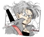  1boy arms_at_sides black_shirt border close-up closed_mouth cloud cloudy_sky collar_up collared_jacket commentary_request denim denim_jacket dragon_ball dragon_ball_z expressionless face fenyon floating_hair frown grey_eyes grey_hair jacket looking_at_viewer male_focus mountain outdoors pectorals rock shaded_face shirt simple_background sky sword thank_you trunks_(future)_(dragon_ball) twitter_username upper_body weapon white_background white_border 