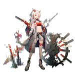  1girl :d ankle_strap arknights bandeau bangs belt black_legwear blush body_markings braid breasts coat collarbone dragon_girl dragon_horns dragon_tail earrings eyebrows_visible_through_hair full_body hand_on_hip highres holding holding_weapon horns huanxiang_heitu jewelry long_hair looking_at_viewer multicolored_hair navel nian_(arknights) official_art open_clothes open_coat open_mouth pointy_ears ponytail pouch purple_eyes red_bandeau red_hair shoes shorts side_braid sidelocks slit_pupils small_breasts smile sneakers socks solo stomach streaked_hair tail tongue tongue_out weapon white_coat white_footwear white_hair white_shorts wide_sleeves 