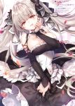  1girl :d absurdres azur_lane bangs bare_shoulders between_breasts black_dress blush breasts cleavage cowboy_shot dress earrings eyebrows_visible_through_hair finger_to_mouth floating_hair formidable_(azur_lane) frilled_dress frills grey_hair hair_ribbon head_tilt highres jewelry large_breasts long_hair long_sleeves looking_at_viewer open_mouth petals red_eyes ribbon riichu scan skirt_hold smile solo twintails two-tone_dress very_long_hair 