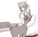 1girl animal animal_ears bangs bench blush commentary_request deer eli_conifer eyebrows_visible_through_hair flying_sweatdrops greyscale hair_ribbon long_hair long_sleeves low_twintails maid monochrome nijisanji open_mouth puffy_long_sleeves puffy_sleeves ribbon shirt skirt solo takara_akihito twintails virtual_youtuber white_background 