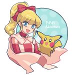  1girl :d blonde_hair blue_background blue_eyes breasts cape copyright_name creature gen_1_pokemon hair_ribbon jumping long_hair looking_at_viewer marron_(pokemon) mayuzumi open_mouth pikachu pokemon pokemon_(creature) pokemon_pipipi_adventure ponytail red_ribbon ribbon small_breasts smile upper_body 