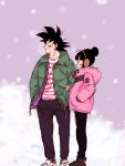  1boy 1girl :d bangs black_eyes black_hair black_legwear blunt_bangs boots brown_footwear capsule_corp chi-chi_(dragon_ball) clothes_writing coat commentary_request couple dragon_ball dragon_ball_z earmuffs eyelashes from_side full_body green_jacket hair_bun hand_in_pocket hand_on_another&#039;s_arm hands_in_pockets happy height_difference hetero horizontal_stripes jacket long_sleeves looking_away open_clothes open_jacket open_mouth pants pantyhose pink_coat pink_shirt profile purple_background shirt shoes simple_background smile sneakers snowflake_background son_gokuu sora_(happygreencandy) spiked_hair standing striped striped_shirt two-tone_background white_background white_shirt winter winter_clothes winter_coat 
