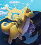  blue_sky creature day day_and_night dragonite flying full_body gen_1_pokemon gen_3_pokemon highres holding holding_pokemon mcgmark night night_sky no_humans pikachu pokemon pokemon_(creature) shelgon sky 