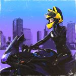  1980s_(style) 1girl animal_helmet celty_sturluson city dullahan durarara!! ground_vehicle headless helmet highres motor_vehicle motorcycle motorcycle_helmet oldschool sergey_orlov 