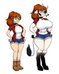  2019 anthro before_and_after bell bell_collar big_breasts boots bottomwear bovid bovine breast_expansion breasts cattle clothing collar ear_tag female footwear freckles green_eyes growth hair hi_res hooves horn horn_growth human human_to_anthro mammal midriff navel ponytail riddleaugust shorts simple_background smile solo species_transformation standing transformation white_background 