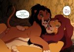  blush bodily_fluids brother brothers disney duo english_text erection felid feral fur genitals hi_res incest kissing lion male male/male mammal mufasa open_mouth pantherine penis sasamaru scar scar_(the_lion_king) sibling size_difference text the_lion_king tongue 