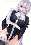  1girl absurdres arm_under_breasts bangs black_dress blue_eyes braid breasts cross dress dutch_angle elbow_gloves eyebrows_visible_through_hair gloves hair_between_eyes highres honkai_(series) honkai_impact_3rd kallen_kaslana large_breasts lips long_hair long_sleeves looking_at_viewer no_panties noise_paper nun open_mouth pelvic_curtain silver_hair single_braid smile solo thighhighs very_long_hair white_gloves wide_sleeves 