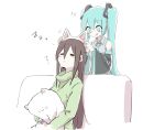  2girls :3 animal_ears aqua_eyes aqua_hair aqua_neckwear bare_shoulders black_sleeves cat cat_ears closed_eyes couch detached_sleeves grey_shirt hair_ornament hatsune_miku long_hair looking_at_another master_(vocaloid) multiple_girls necktie nejikyuu putting_on_headwear shirt shoulder_tattoo sitting sleeping sleeveless sleeveless_shirt tattoo tongue tongue_out translated twintails very_long_hair vocaloid zzz 