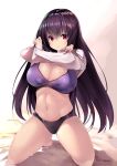  1girl :o artist_name barefoot bra breasts cleavage fate/grand_order fate_(series) hair_intakes highres kneeling large_breasts long_hair long_sleeves looking_at_viewer navel noto_kurumi panties purple_hair red_eyes scathach_(fate)_(all) scathach_(fate/grand_order) solo sweater underwear undressing 