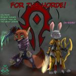  ! 1:1 2019 anthro armor blizzard_entertainment canid canine dialogue dipstick_ears disney duo english_text fox fur green_eyes grey_background grey_body grey_fur hi_res holding_object holding_weapon judy_hopps knoton13 mammal melee_weapon multicolored_ears nick_wilde notched_ear orange_body orange_fur paladin purple_eyes red_fox shield simple_background smile sword text video_games warcraft weapon zootopia 