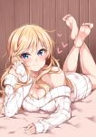  1girl bangs bare_shoulders blonde_hair blue_eyes blush breasts cleavage commentary eyebrows_visible_through_hair heart idolmaster idolmaster_cinderella_girls jiino large_breasts long_hair looking_at_viewer lying off-shoulder_sweater off_shoulder on_stomach ootsuki_yui ribbed_sweater smile solo sweater wavy_hair white_sweater 
