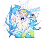  2girls blonde_hair blue_eyes blue_hair bottle bow commentary elbow_pads gloves hair_bow hands_up hatsune_miku holding holding_bottle hug kagamine_rin long_hair looking_at_viewer manbou_no_ane midriff miniskirt multiple_girls navel open_mouth partly_fingerless_gloves pocari_sweat product_placement ring_no_seraph_(vocaloid) short_hair skirt smile sports_bra stomach thank_you thighhighs twintails very_long_hair vocaloid water_drop white_background white_bow white_gloves wings wrestling_outfit 