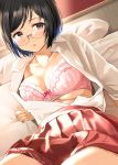  1girl bed black_hair bra breasts brown_eyes cleavage collared_shirt commentary_request dutch_angle glasses highres large_breasts looking_at_viewer looking_over_eyewear nishizawa on_bed open_clothes open_shirt original parted_lips pillow pink_bra pleated_skirt reclining red_skirt shirt short_hair skirt solo underwear white_shirt 