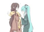  2girls aqua_eyes blush brown_coat checkered checkered_scarf coat from_side green_coat green_scarf hatsune_miku long_hair looking_at_another master_(vocaloid) multiple_girls nejikyuu scarf smile twintails tying upper_body vocaloid white_background yellow_scarf 