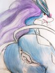  after_sex anus blue_body blue_fur blush bodily_fluids butt colored_pencil_(artwork) countershading cum cum_in_pussy cum_inside dripping eiroru female feral fur genital_fluids genitals hair hi_res legendary_pok&eacute;mon looking_at_viewer looking_back lying markings nintendo on_side pok&eacute;mon pok&eacute;mon_(species) purple_hair pussy rear_view red_eyes ribbons snout suicune tongue tongue_out traditional_media_(artwork) video_games white_countershading white_markings 
