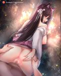  1boy 1girl animal_ears ass atago_(azur_lane) atago_(features_of_winter)_(azur_lane) azur_lane bangs bare_shoulders black_hair blush breasts censored cum cum_in_pussy flower girl_on_top hair_between_eyes hair_flower hair_ornament hetero japanese_clothes kimono large_breasts long_hair looking_at_viewer luminous mole mole_under_eye nipples obi off_shoulder open_clothes open_kimono open_mouth outdoors overflow penis pov pussy reverse_cowgirl_position sash sex solo_focus straddling sunset vaginal white_kimono wide_sleeves 