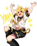  1boy absurdres arms_up black_collar black_shorts blonde_hair blue_eyes blush collar commentary ei_flow english_commentary english_text feet_out_of_frame heart highres jumping kagamine_len leg_warmers looking_at_viewer male_focus necktie open_mouth sailor_collar school_uniform shirt short_ponytail short_sleeves shorts smile solo spiked_hair vocaloid white_shirt yellow_neckwear 