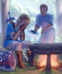  2boys apron bad_food blonde_hair blue_eyes boots brown_footwear brown_gloves cauldron censored censored_food covering_face crying daniel_castro_maia earrings fingerless_gloves fire gloves gordon_ramsay grass hell&#039;s_kitchen highres holding holding_plate jewelry knee_boots link male_focus master_sword mosaic_censoring multiple_boys outdoors pants plate pointy_ears sheath sheathed short_sleeves sidelocks sitting standing tears the_legend_of_zelda the_legend_of_zelda:_breath_of_the_wild tree tunic waist_apron weapon weapon_on_back white_apron white_pants wood 