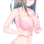  1girl :o a.x. absurdres bare_arms bare_shoulders black_hair blush bra breasts cleavage collarbone head_out_of_frame highres large_breasts long_hair navel open_bra original panties parted_lips photo-referenced pink_bra pink_panties simple_background stomach underwear underwear_only undressing upper_body white_background 