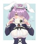  1girl animal_ears artist_name azur_lane bangs blush breasts bunny_ears camera eyes_visible_through_hair gloucester_(azur_lane) hair_over_one_eye hairband heart heart-shaped_pupils highres holding holding_camera juliet_sleeves kuroba_chihiro large_breasts long_sleeves maid puffy_sleeves purple_hair short_hair solo symbol-shaped_pupils taking_picture underboob underboob_cutout upper_body yellow_eyes 