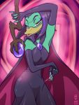  4_fingers anatid anseriform anthro armwear avian bird cape cloak clothing disney dress duck ducktales ducktales_(2017) elbow_gloves female fingerless_gloves fingers gloves green_body half-closed_eyes handwear hi_res magica_de_spell narrowed_eyes scepter zenmigawa 