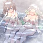  2girls barefoot bathing belly blonde_hair blue_eyes breasts brown_hair closed_eyes closed_mouth collarbone empty_eyes eyebrows_visible_through_hair feet_out_of_frame green_hair grey_hair hair_between_eyes highres huge_breasts inverted_nipples japari_symbol kemono_friends long_hair looking_at_another mammoth_(kemono_friends) mo23 multicolored_hair multiple_girls navel nipples nude onsen partially_submerged plump sitting smile steam stomach toes towel towel_on_head two-tone_hair very_long_hair walrus_(kemono_friends) water wet wet_face wet_hair white_hair 