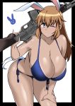  1girl animal_ears bent_over bikini blue_bikini blue_eyes blush breasts brown_hair bunny_ears bunny_tail charlotte_e_yeager cleavage closed_mouth collarbone gun hanging_breasts highres huge_breasts komusou_(jinrikisha) long_hair looking_at_viewer one_eye_closed rifle shiny shiny_skin side-tie_bikini simple_background smile solo strike_witches swimsuit tail tan weapon white_background world_witches_series 