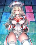 1girl ass_visible_through_thighs bangs black_gloves blush breasts cleavage cleavage_cutout commission fingerless_gloves gloves hair_between_eyes hat heart heart-shaped_pupils highres large_breasts leotard looking_at_viewer mii@chiffonx nurse nurse_cap open_mouth phantasy_star phantasy_star_online_2 red_eyes signature silver_hair solo symbol-shaped_pupils thighhighs twintails 