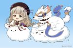  1girl :3 :d animal blue_background braid brown_dress brown_eyes brown_hair brown_headwear chibi closed_eyes closed_mouth cloud commentary_request detached_sleeves dress erune granblue_fantasy green_eyes hakutaku_(granblue_fantasy) hat heterochromia long_hair long_sleeves looking_at_viewer miicha open_mouth outstretched_arm parted_lips pholia short_eyebrows sleeveless sleeveless_dress sleeves_past_wrists smile solid_circle_eyes sweat thick_eyebrows twitter_username upper_teeth v-shaped_eyebrows very_long_hair white_sleeves white_wolf wide_sleeves wolf 