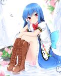  1girl apron blue_eyes blue_skirt blurry blurry_background blush boots bow bowtie cross-laced_footwear dot_nose eyebrows_visible_through_hair food fruit hair_between_eyes hand_on_own_cheek headwear_removed highres hinanawi_tenshi in_water knee_boots kuraaken lace-up_boots legs_together looking_at_viewer peach puffy_short_sleeves puffy_sleeves red_eyes red_neckwear shirt short_sleeves sitting skirt smile solo touhou water water_drop waterfall white_shirt zipper 
