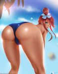  1girl ass bikini blue_eyes blush dark_skin easonx fuuro_(pokemon) hair_ornament lips pokemon red_hair sky swimsuit 