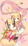  2girls absurdres animal_ear_fluff animal_ears artist_name black_eyes blonde_hair blush bouquet brown_eyes character_request closed_mouth eyebrows_visible_through_hair fennec_(kemono_friends) fennec_fox flower fox_ears fox_tail heart highres holding holding_bouquet ichi001 kemono_friends looking_at_another looking_at_viewer multiple_girls outline short_hair smile speech_bubble spoken_heart tail tearing_up twitter_username white_outline 