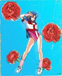  1980s_(style) 1girl amano_kazumi blue_hair flower gainax gainaxtop gunbuster gunbuster_pose hair_ornament highres lips long_hair oldschool ponytail rose sergey_orlov shoes socks top_wo_nerae! 