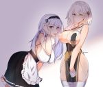 2girls anchor_choker apron areolae azur_lane bangs black_hairband blunt_bangs blush breast_curtains breasts breasts_outside center_frills chinese_clothes choker closed_mouth commentary covered_nipples cowboy_shot curvy dido_(azur_lane) embarrassed eyebrows_visible_through_hair frilled_choker frills gloves gradient gradient_background hair_between_eyes hairband hanging_breasts highres huge_breasts lace-trimmed_hairband large_areolae long_hair looking_at_viewer maid_apron multiple_girls neckwear_between_breasts nipples one_eye_closed open_mouth pelvic_curtain puffy_nipples red_eyes revealing_clothes see-through_sleeves sheer_clothes shiny shiny_skin shirt side_slit sirius_(azur_lane) sirius_(azure_horizons)_(azur_lane) skindentation sleeveless sleeveless_shirt tilt-shift tongue tongue_out twitter_username two-tone_leotard underboob underboob_cutout waist_apron white_apron white_gloves white_hair white_legwear yuri 