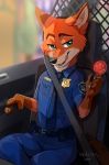  2019 anthro badge belt bottomwear canid canine car cheek_tuft clothed clothing detailed dipstick_ears disney facial_tuft fluffy food fox fully_clothed fur gloves_(marking) green_eyes holding_food holding_object inner_ear_fluff inside_car licking licking_lips mammal markings multicolored_ears neck_tuft necktie nick_wilde orange_body orange_fur pants pawpads pawpsicle popsicle red_fox seatbelt shirt sitting skeleion solo tongue tongue_out topwear tuft vehicle zootopia 