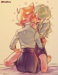  2girls ahoge amanda_o&#039;neill artist_name bang_dacy bed blonde_hair blue_skirt blush closed_eyes diana_cavendish hand_on_another&#039;s_hip hand_on_another&#039;s_thigh heart highres hug kiss little_witch_academia long_hair luna_nova_school_uniform multiple_girls on_bed orange_hair school_uniform shirt short_hair simple_background sitting sitting_on_lap sitting_on_person skirt sweat white_shirt yellow_background yuri 