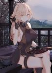  1girl alternate_costume arm_strap bangs bare_legs bare_shoulders black_gloves black_ribbon blonde_hair blush bow bowtie braid breasts brown_bow brown_dress china_dress chinese_clothes chinese_commentary commentary_request covered_navel crossed_legs dress eyebrows_visible_through_hair fan fog folding_fan girls_frontline gloves hair_intakes hair_ornament hair_ribbon hairclip half_gloves highres holding holding_fan index_finger_raised lake large_breasts long_hair looking_at_viewer mountainous_horizon ots-14_(girls_frontline) overcast pelvic_curtain revision ribbon ru_zhai shadow side_braid side_slit sideboob sitting sleeveless sleeveless_dress smile solo teapot thigh_strap transmission_tower tray tree yellow_eyes 